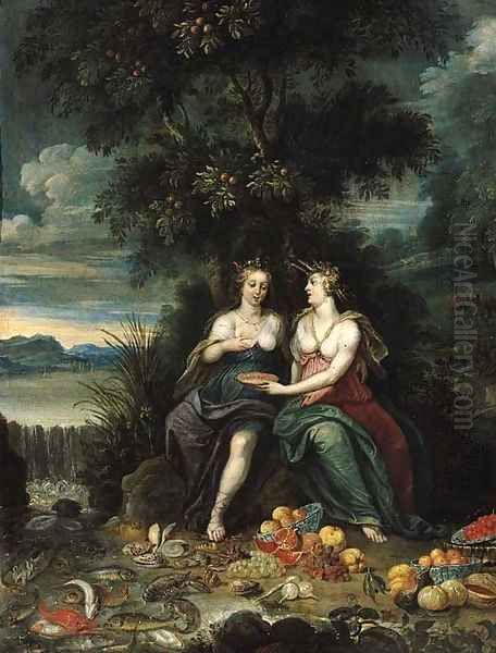 Personifications of the Elements of Water and Earth seated on a river bank by a waterfall, fruit and fish in the foreground Oil Painting by Jan van Kessel