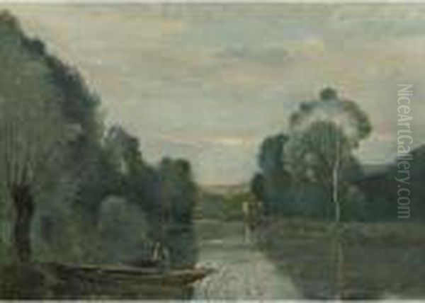 Grez-sur-loing, Pecheur En Barque, Le Matin Oil Painting by Jean-Baptiste-Camille Corot