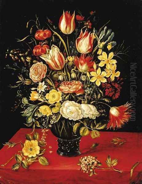 Tulips, lilies, daffodils, irises, roses, hypericum, forget-me-nots, chicory, honeysuckle and other flowers in a roemer Oil Painting by Jan van Kessel