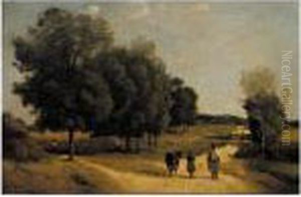 Carrefour Dans La Campagne (environs De Marcoussis) Oil Painting by Jean-Baptiste-Camille Corot