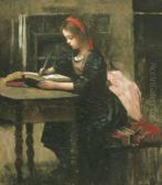 Fillette A L'etude, En Train D'ecrire Oil Painting by Jean-Baptiste-Camille Corot