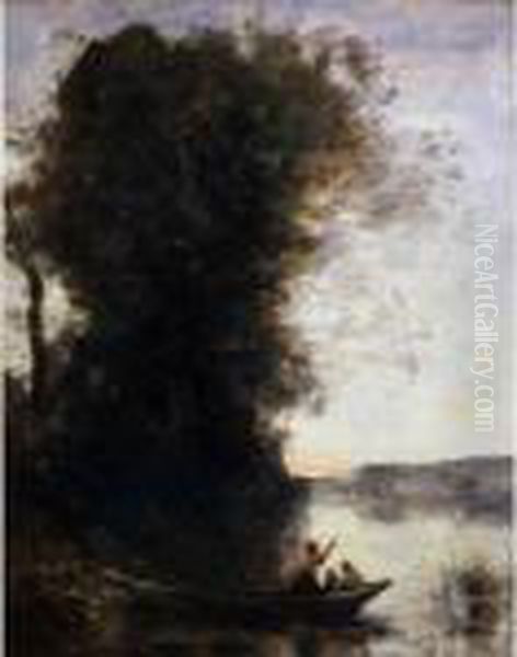 Le Batelier Quittant La Rive 
Avec Une Femme Et Un Enfant Assis Dans Sa Barque, Soleil Couchant Oil Painting by Jean-Baptiste-Camille Corot