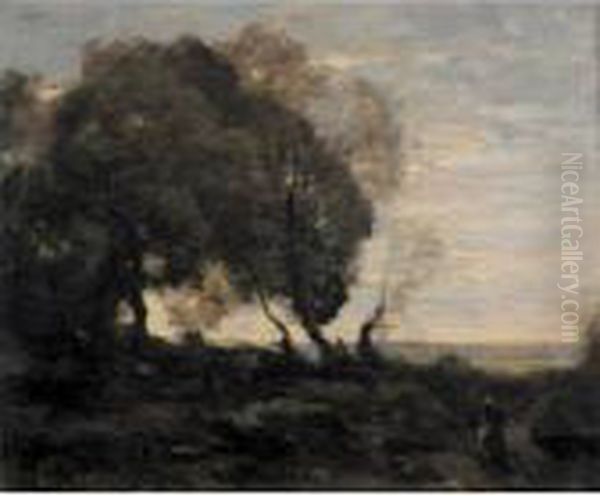 Arbres Tordus Sur Une Crete (soleil Couchant) Oil Painting by Jean-Baptiste-Camille Corot