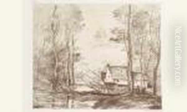 Le Moulin De Cuincy, Pres Douai. 1871. Autographie. Oil Painting by Jean-Baptiste-Camille Corot