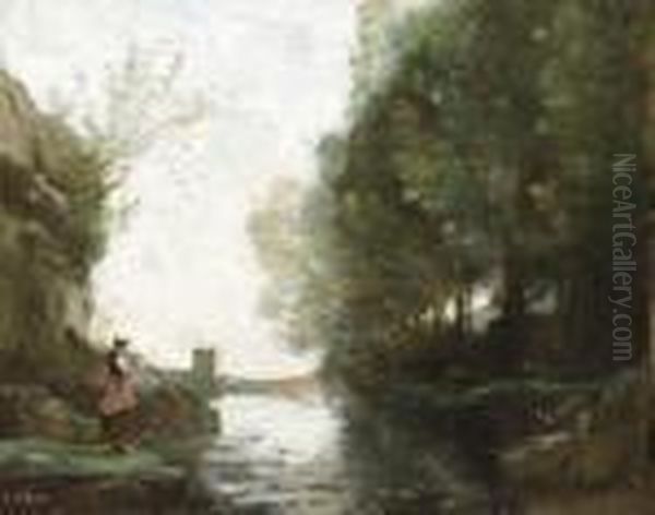 Le Cours D'eau La Tour Carre (paysanne Debout Au Premierplan) Oil Painting by Jean-Baptiste-Camille Corot