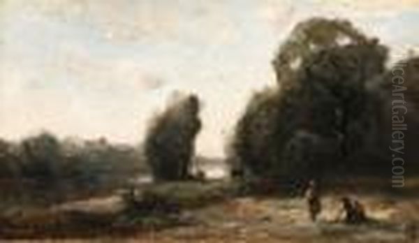 Prairie Au Bord D'une Rivire Oil Painting by Jean-Baptiste-Camille Corot