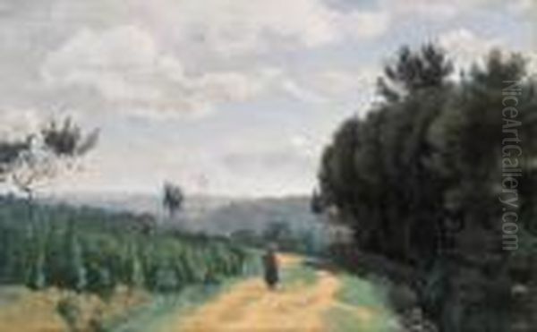 Les Hauteurs De Sevres - Le Chemin Troyon Oil Painting by Jean-Baptiste-Camille Corot