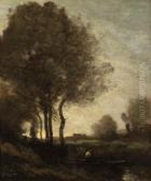 Pcheur En Barque (fisherman In A Boat) Oil Painting by Jean-Baptiste-Camille Corot