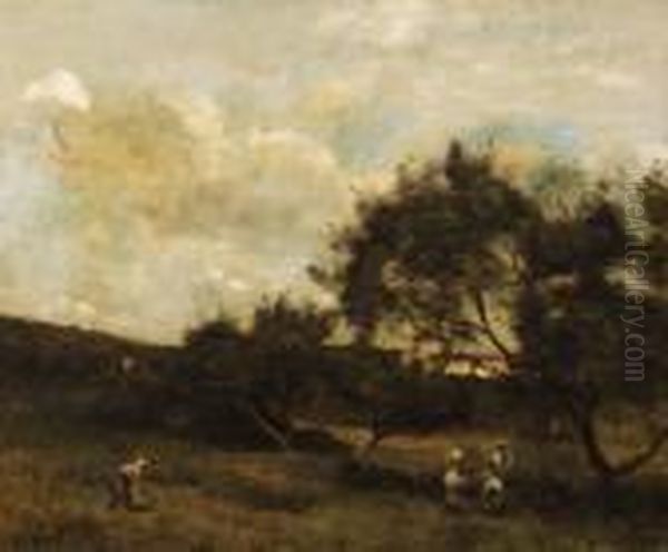 Paysans En Vue D'un Village (peasants Within Sight Of Avillage) Oil Painting by Jean-Baptiste-Camille Corot