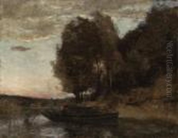 Pcheur En Barque Longeant Une Crte Boise (fisherman Boating Along Awooded Landscape) Oil Painting by Jean-Baptiste-Camille Corot