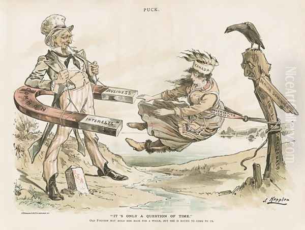 Caricature of Uncle Sam and Canada Cover of Puck Magazine Oil Painting by Joseph Keppler