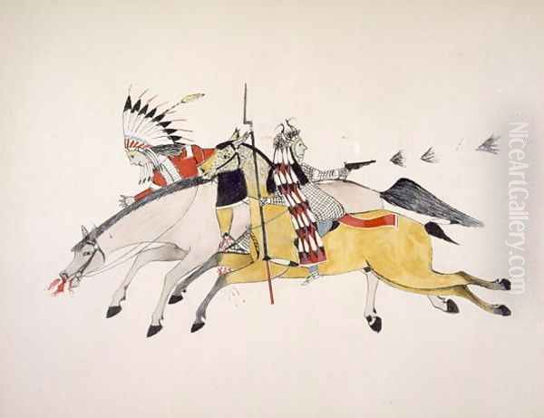 Red Walker and a companion fleeing from pursuing Crow Indians Oil Painting by Nupa Kte