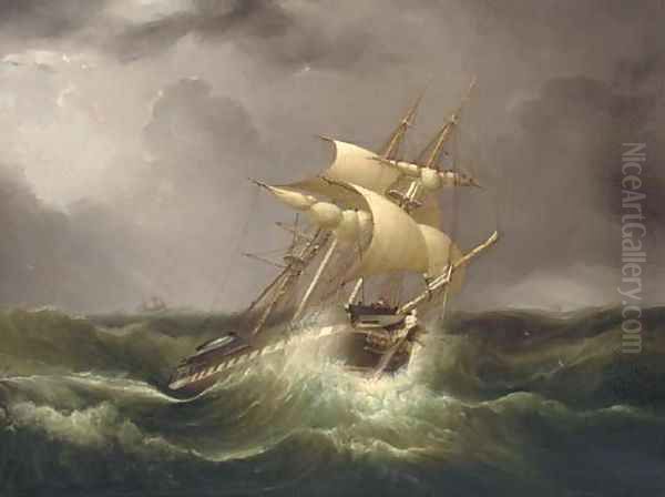 An East Indiaman reefed down and riding out the gale Oil Painting by William Adolphu Knell