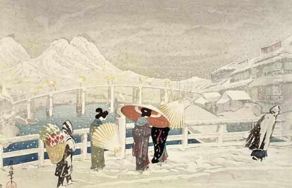 At Matsue Bridge on a Winters Day Oil Painting by Kazumaru