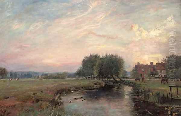 A peaceful river landscape at sunset Oil Painting by John William Buxton Knight