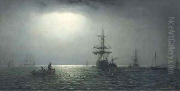 Shipping in coastal waters by moonlight Oil Painting by Adolphus Knell