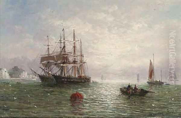 Anchored in calm waters off the coast Oil Painting by Adolphus Knell