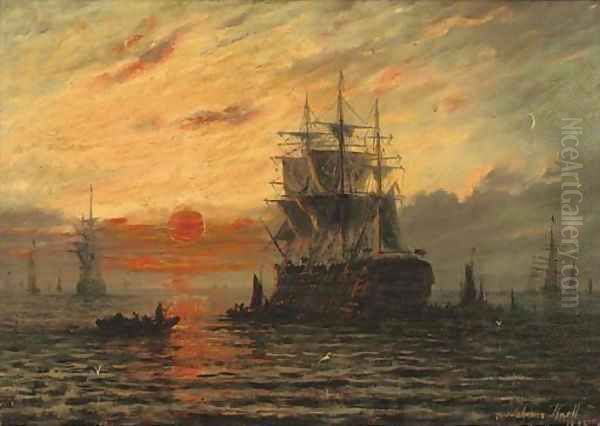 The flagship at dusk Oil Painting by Adolphus Knell