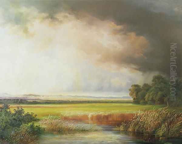 Reed beds with extensive landscape Oil Painting by Johann Kautsky