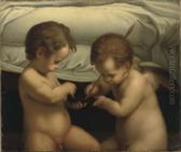 Two Putti Playing With An Arrow Before A Bed Oil Painting by Correggio, (Antonio Allegri)