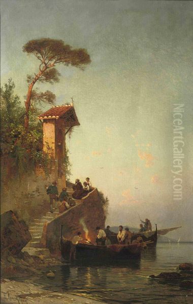 A Coastal Scene With Fishermen And A Monk Praying With Children Oil Painting by Hermann David Salomon Corrodi