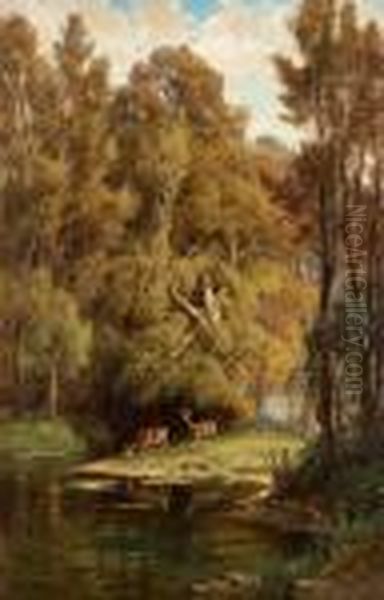 Scenein The Forest With Deers Oil Painting by Hermann David Salomon Corrodi