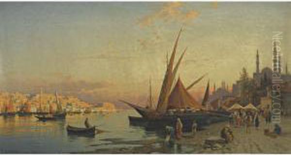 Capriccio View Of The Golden Horn, Constantinople Oil Painting by Hermann David Salomon Corrodi