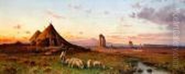 Shepherdess And Flock In The Roman Campagna Oil Painting by Hermann David Salomon Corrodi