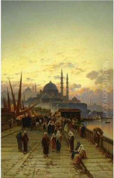 The Galata Bridge, Constantinople Oil Painting by Hermann David Salomon Corrodi