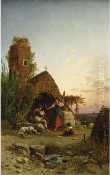 Gypsies In The Campagnia Oil Painting by Hermann David Salomon Corrodi