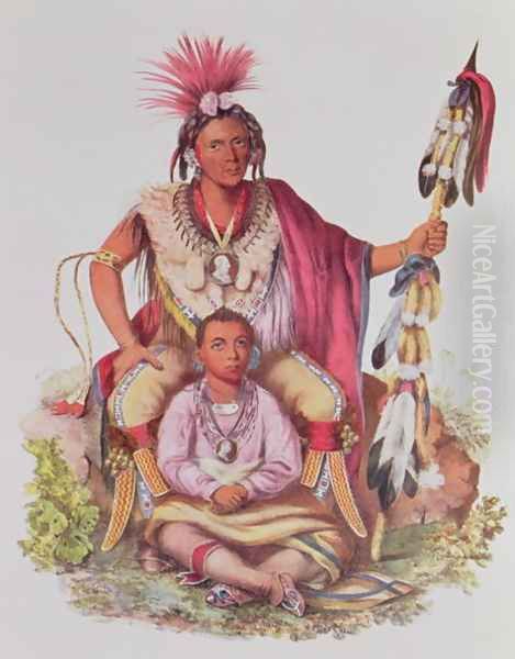 Keokuk or Watchful Fox Chief of the Sauks and Foxes and his Son Musewont or Long haired Fox Oil Painting by Charles Bird King