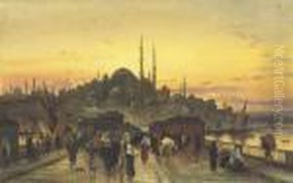 The Golden Horn, Galata Bridge, Constantinople Oil Painting by Hermann David Salomon Corrodi