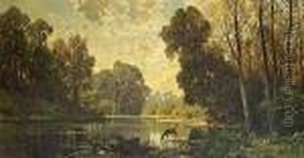 A Tranquil Wooded Scene With Deer Drinkingfrom A Pond Oil Painting by Hermann David Salomon Corrodi