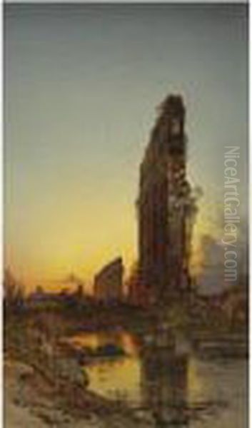 Ruins At Sunset Oil Painting by Hermann David Salomon Corrodi