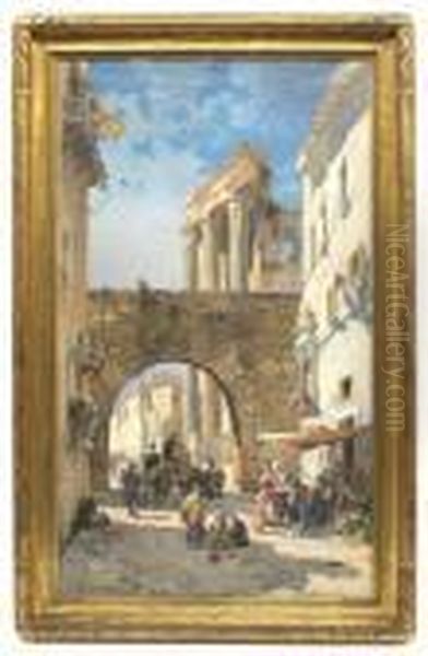 Italy Street Scene/marketplace Oil Painting by Hermann David Salomon Corrodi