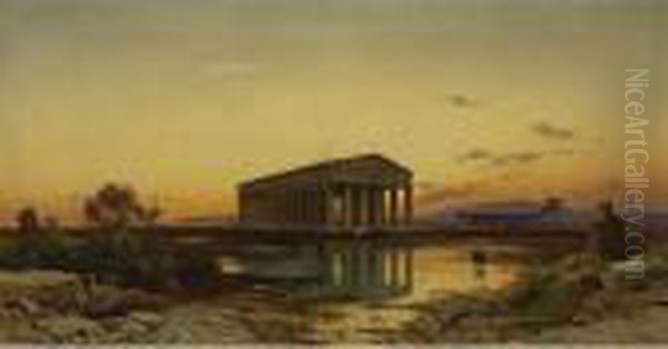 Temple Of Neptune At Sunset, Paestum, Italy Oil Painting by Hermann David Salomon Corrodi