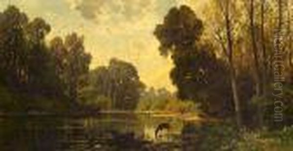 A Tranquil Wooded Scene With Deer Drinking From A Pond Oil Painting by Hermann David Salomon Corrodi