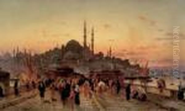 Le Pont De Galata Au Crepuscule Avec La Mosquee Yeni Valide Djami Oil Painting by Hermann David Salomon Corrodi