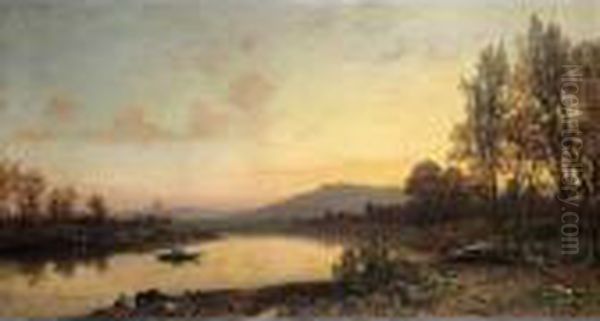 Fishing At Sunset, Rome In The Distance Oil Painting by Hermann David Salomon Corrodi