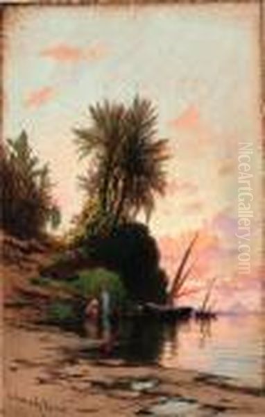 Sunset On The River Nile Oil Painting by Hermann David Salomon Corrodi