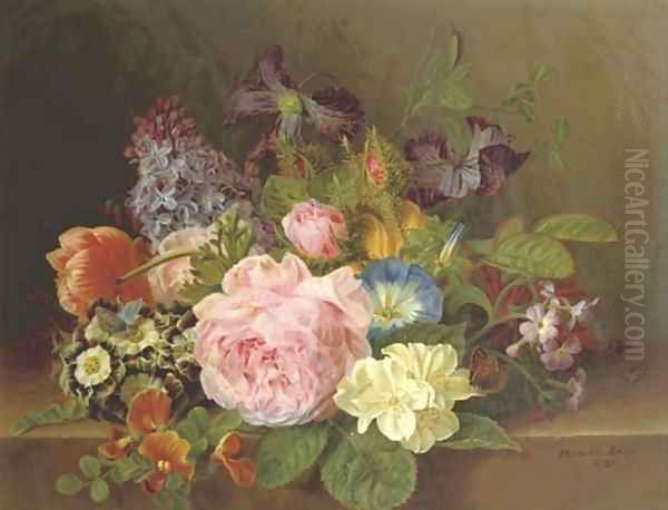 Mixed flowers on a ledge Oil Painting by Henriette Gertruide Knip