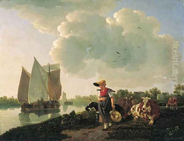 A milkmaid walking along a waterway Oil Painting by Leendert de Koningh