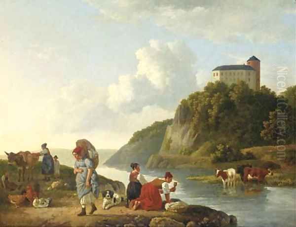 Washer women at a riverbank, a castle beyond Oil Painting by Leendert de Koningh