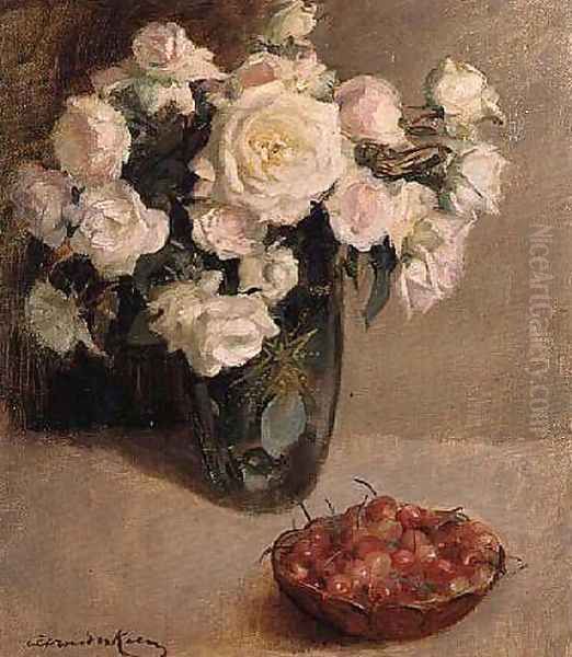 Still Life of Roses and Cherries Oil Painting by A. van der Kelen