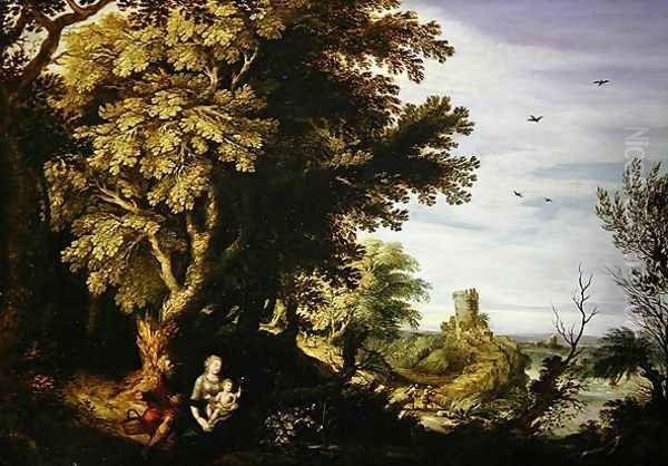 A wooded landscape with a Rest on the Flight to Egypt Oil Painting by Alexander Keirincx