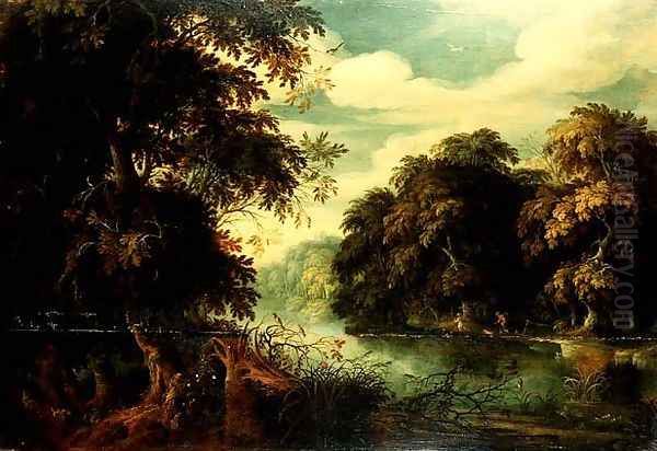 Forest landscape with birdcatchers beside a river Oil Painting by Alexander Keirincx