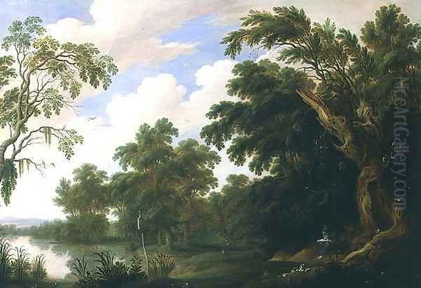 St Paul visiting St Anthony in a wooded landscape Oil Painting by Alexander Keirincx