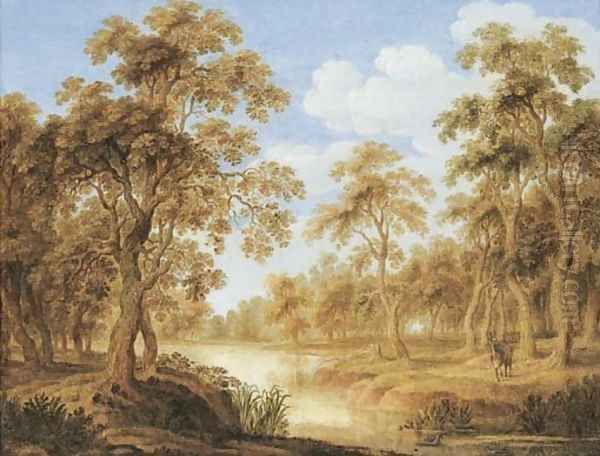 A wooded landscape with a stream and a stag Oil Painting by Alexander Keirincx