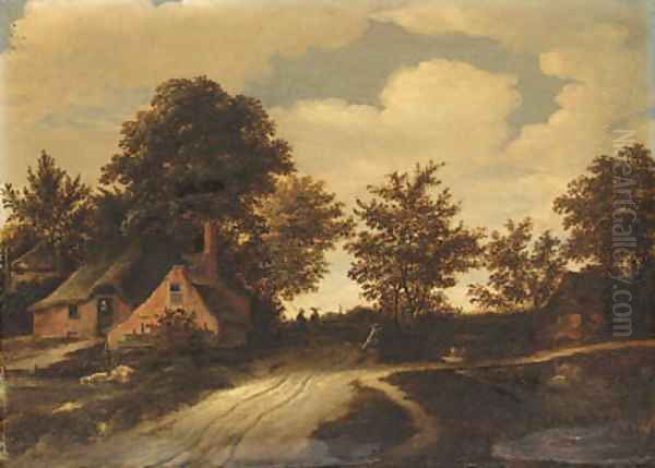 A hamlet with peasants on a path in a wooded landscape Oil Painting by Godaert Kamper