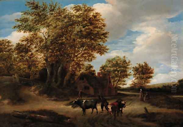 A wooded landscape with a herdsman and cattle on a track, peasants and a cottage beyond Oil Painting by Godaert Kamper